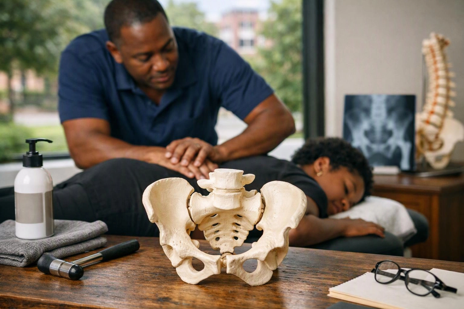 A chiropractor presses on a patient lying face down, with a pelvis model and spine poster on the table nearby