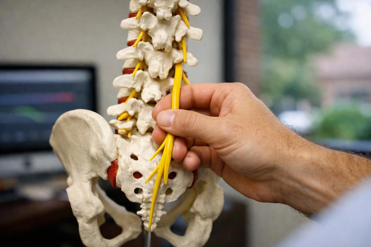 A hand points to yellow nerves on a plastic spine and pelvis model in an office setting