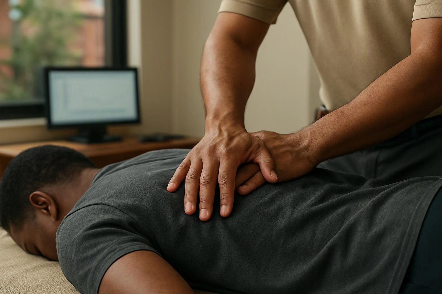 A therapist presses on a man’s back while he lies face down on a massage table in a quiet room