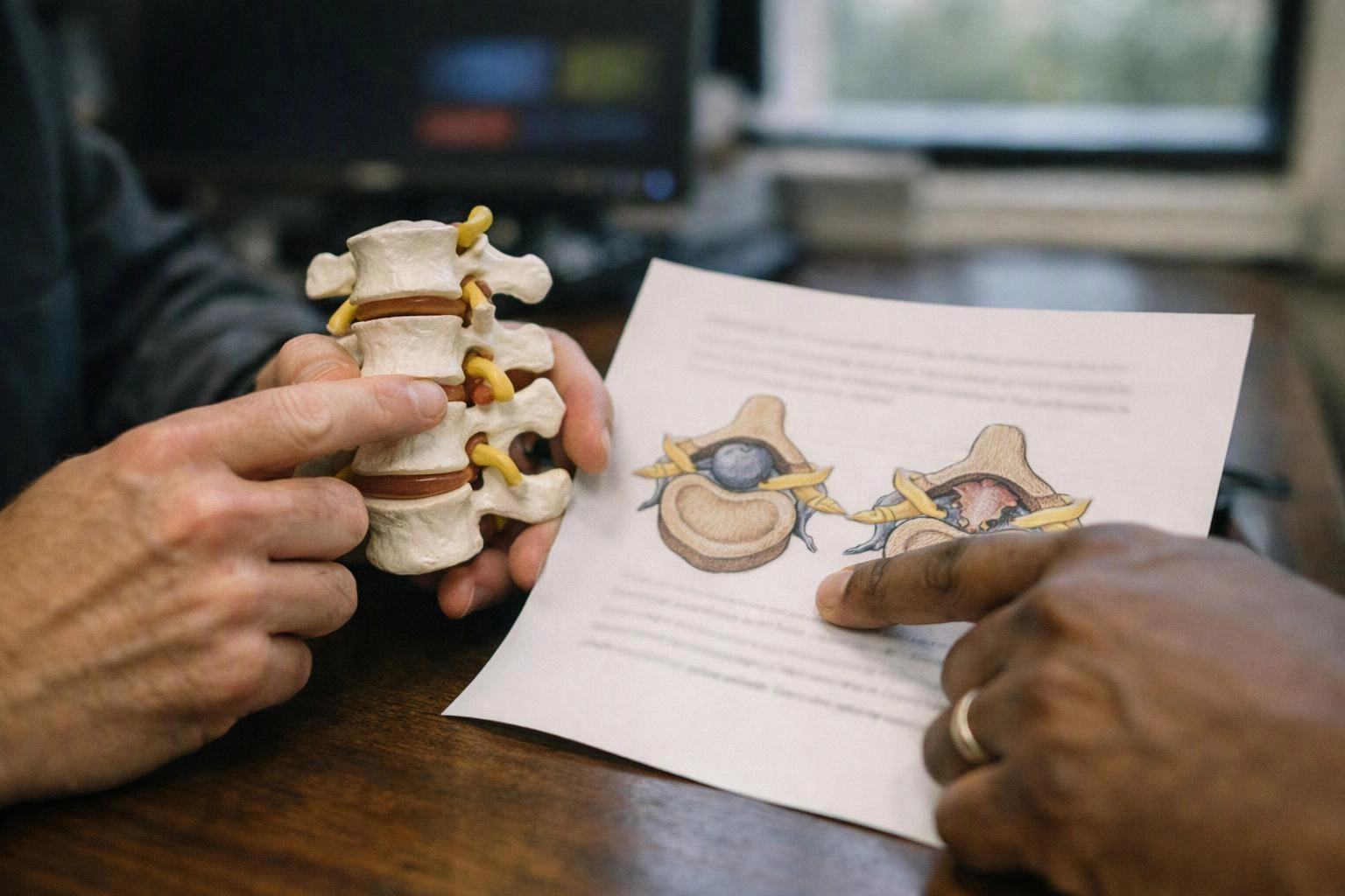 Two hands compare a spine model with a printed medical diagram on a desk