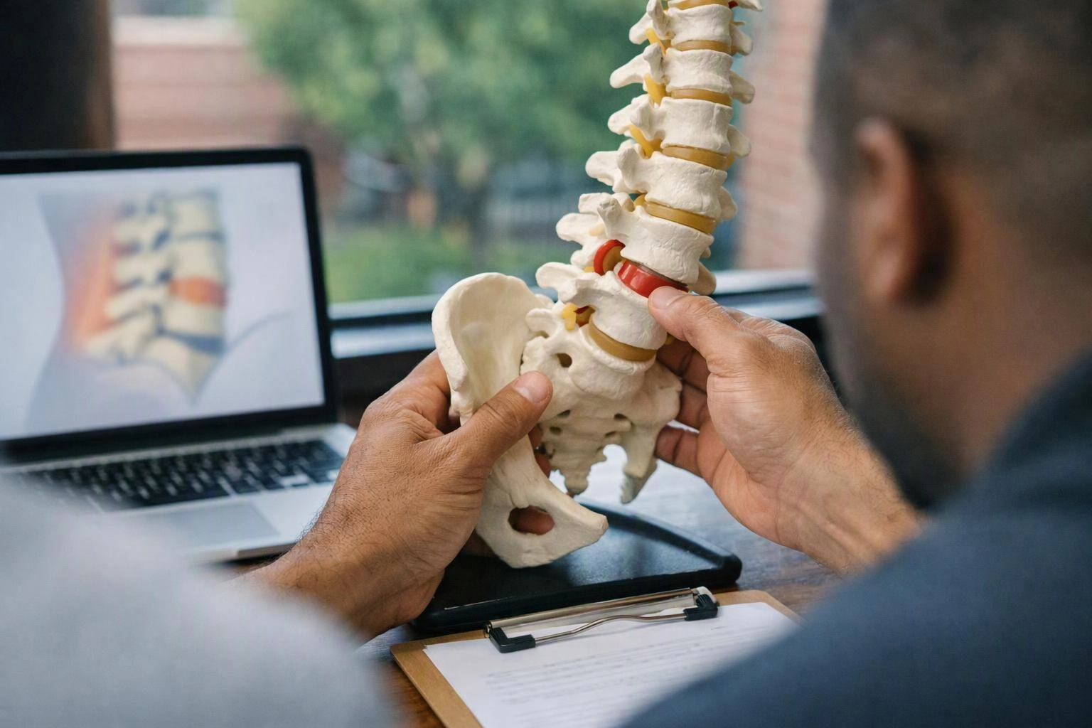 A person holds a plastic spine model beside a laptop showing a blurred back image in a bright room