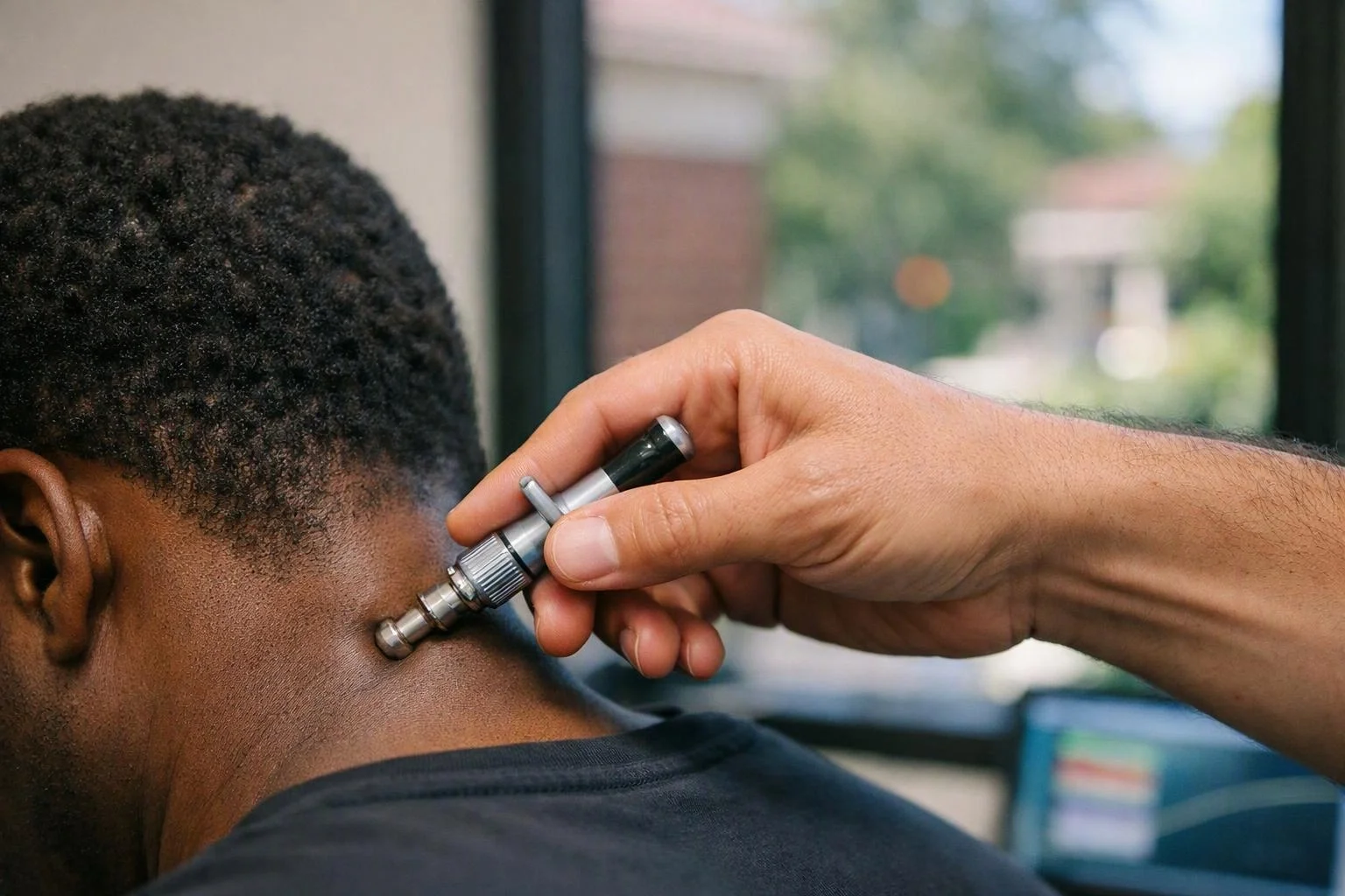 A hand holds a small metal tool against the back of a person's neck near a window