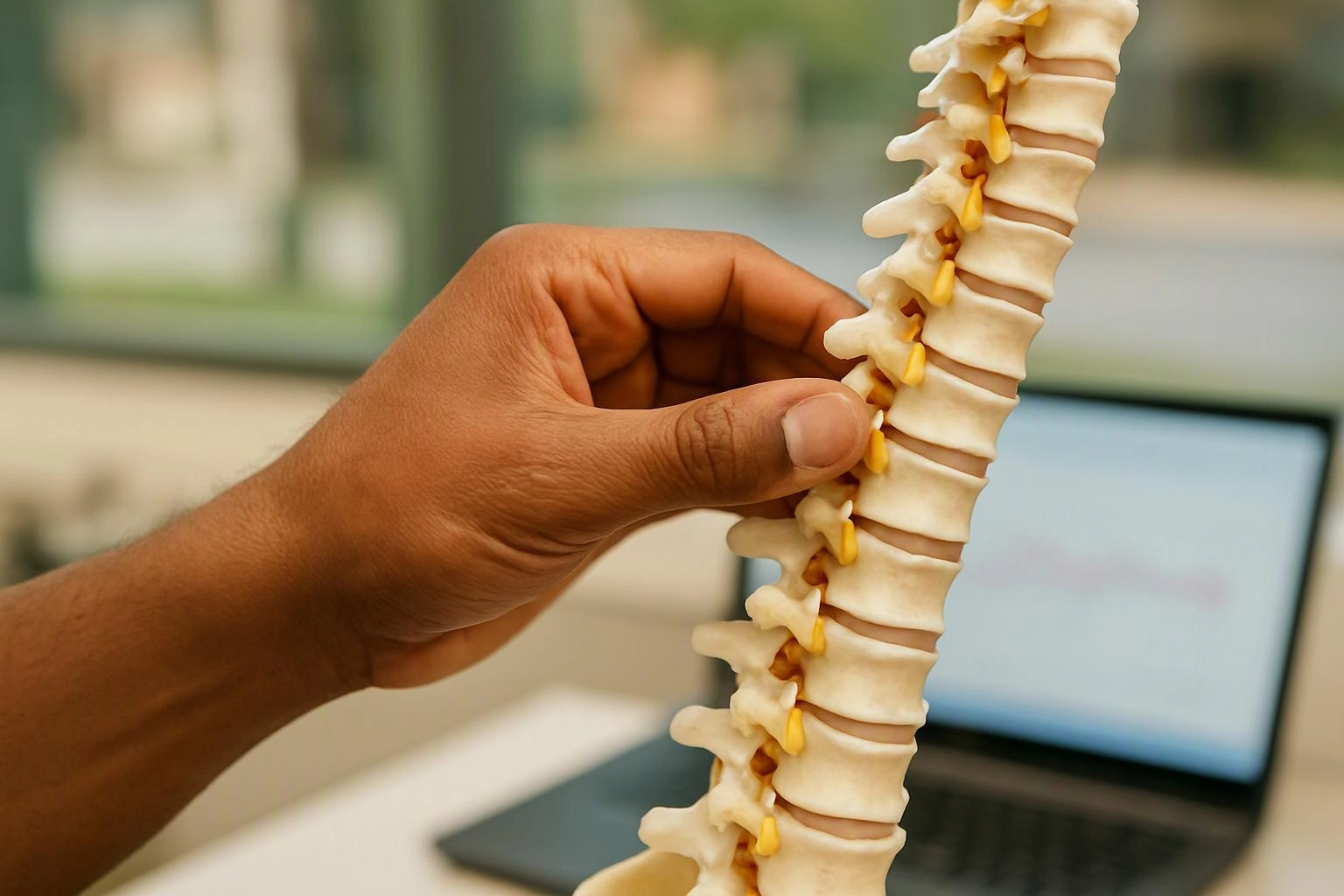 A hand holds a model spine in front of an open laptop in a bright room