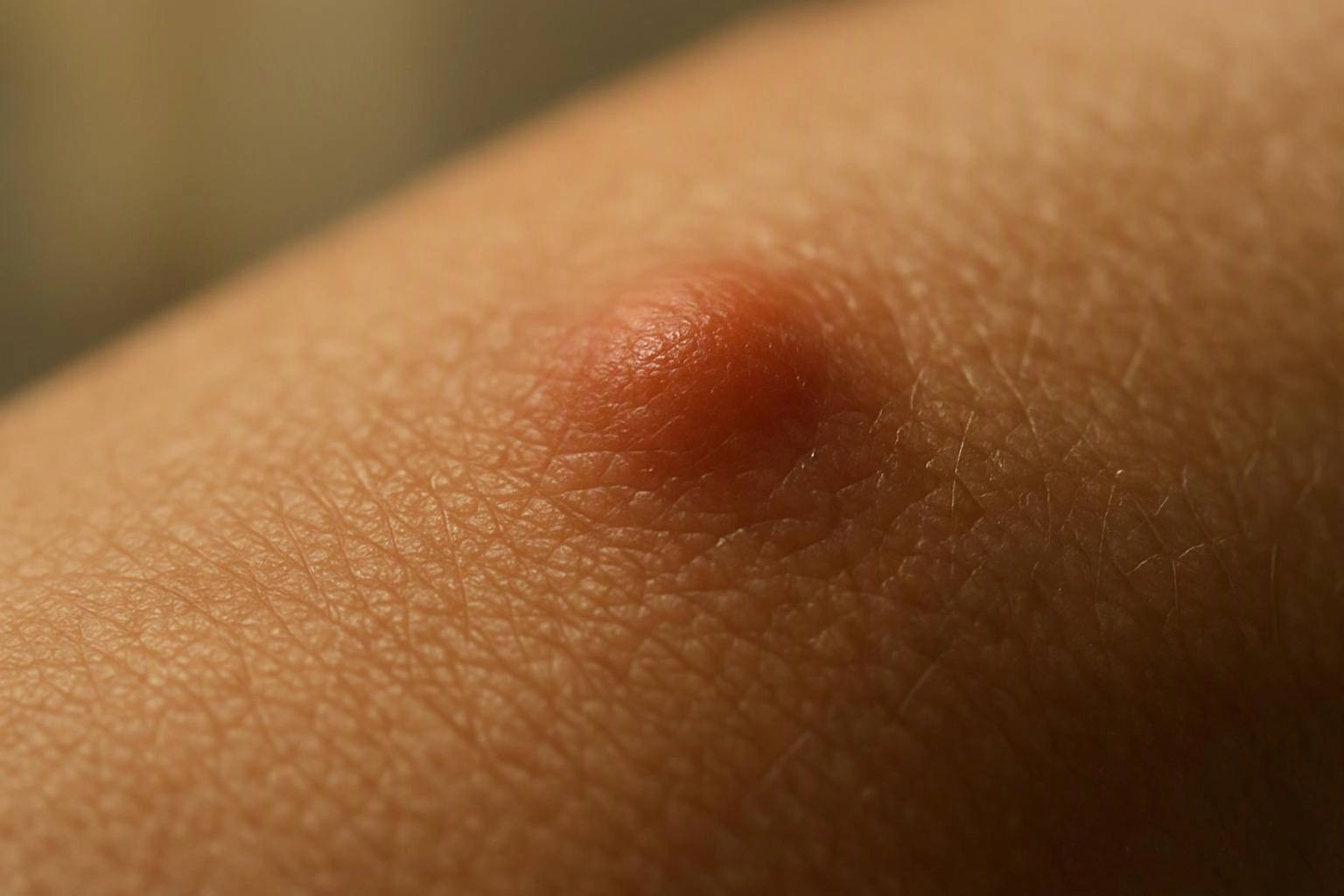A close-up shows a small red raised bump on human skin under warm light