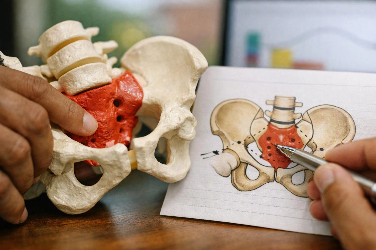 Hands hold a pelvis model and point a pen at a matching pelvis diagram on paper