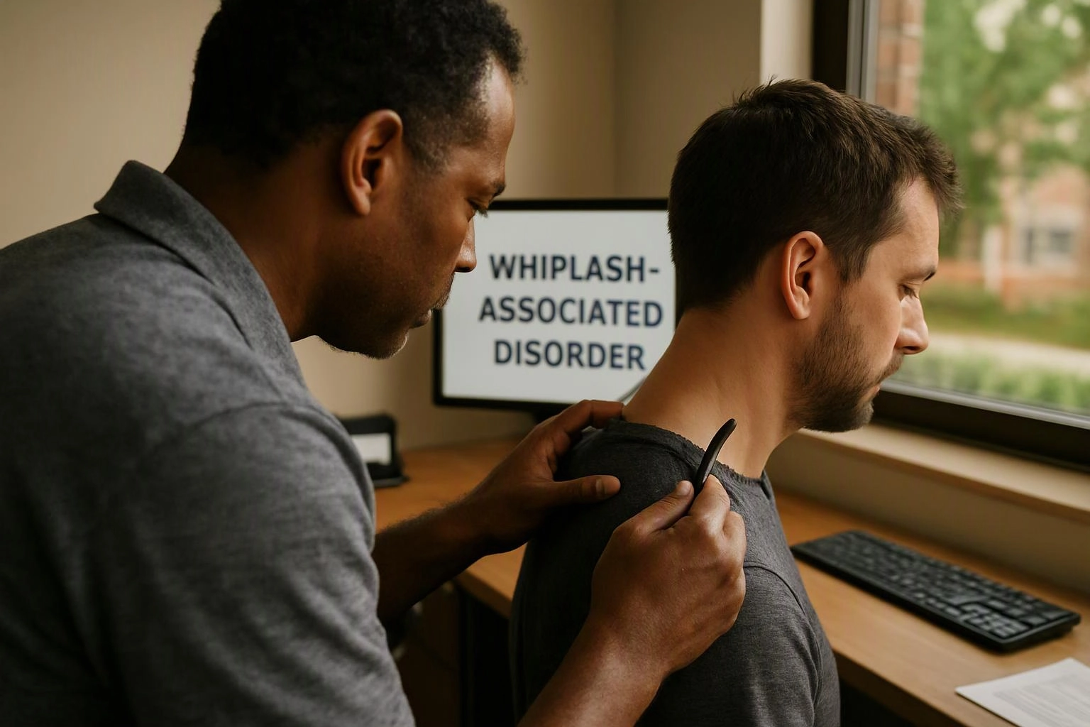A man examines another man’s neck with a tool beside a computer screen reading “WHIPLASH-ASSOCIATED DISORDER”