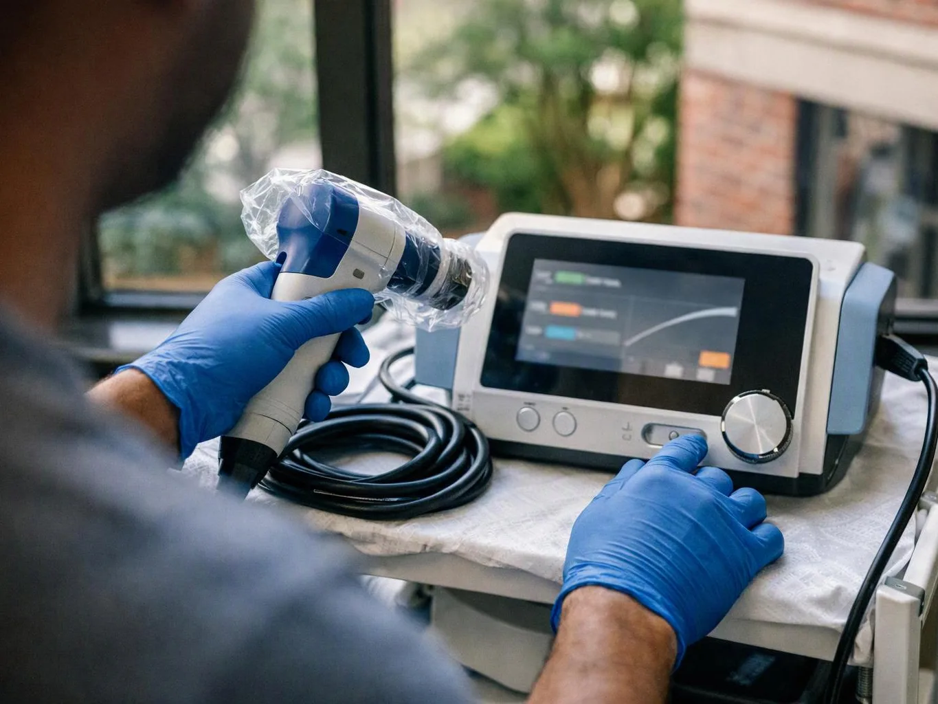 A gloved person adjusts a handheld medical device beside a screen on a table indoors