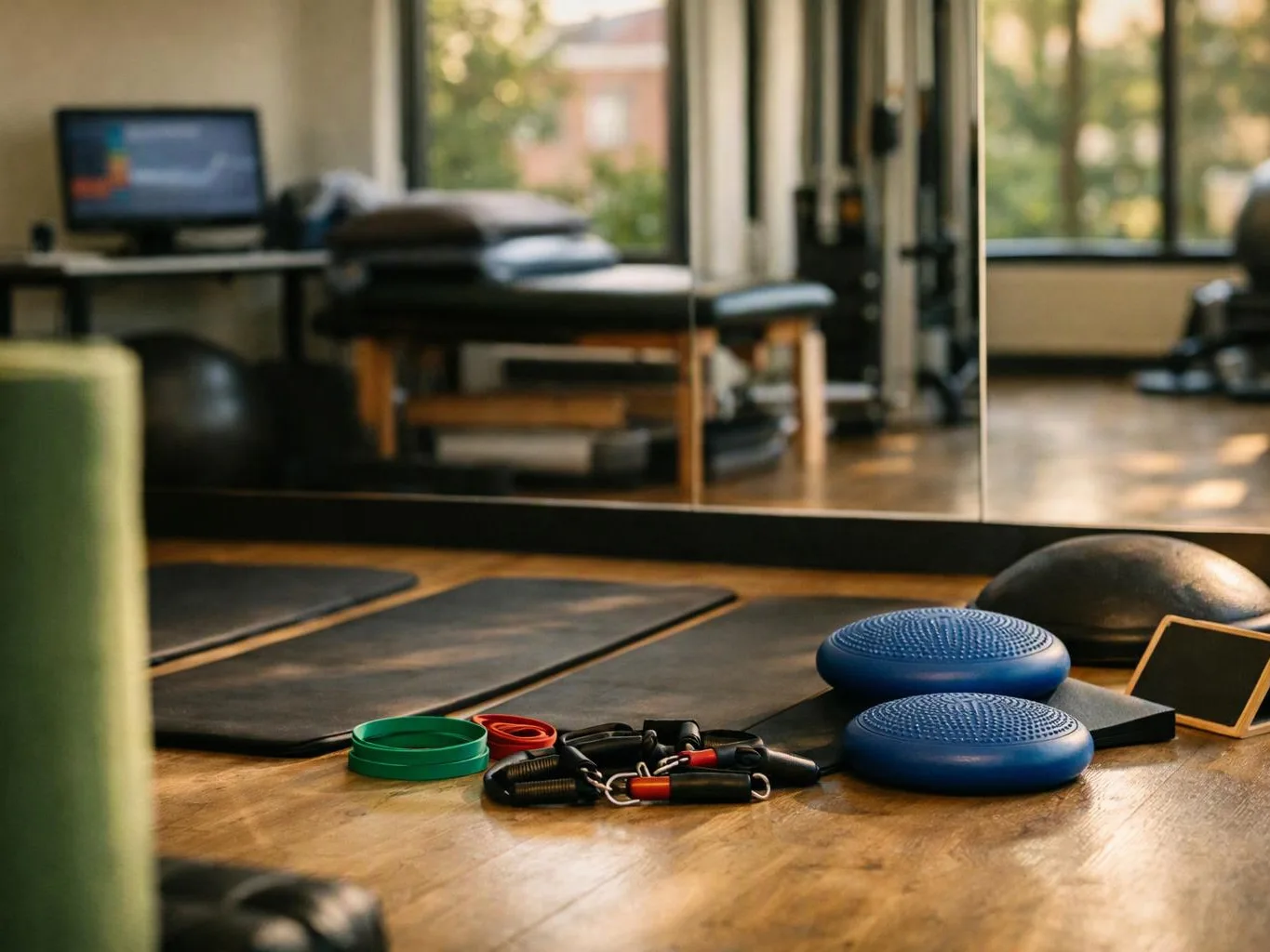 Gym floor with exercise mats, resistance bands, balance disks, and mirrors in soft window light