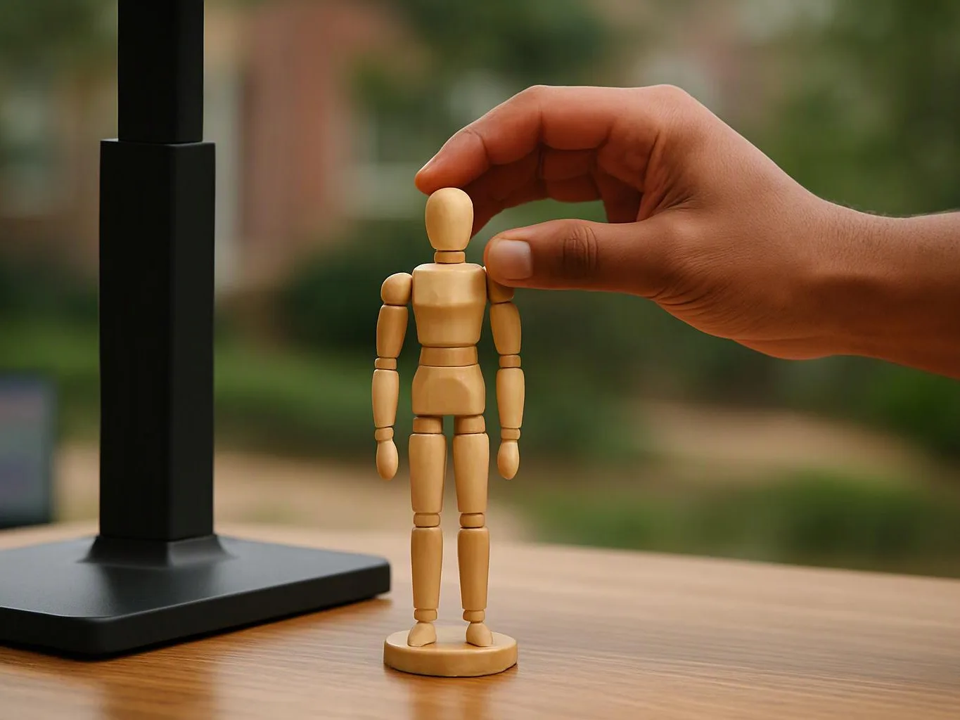 A hand gently holds a small wooden mannequin beside a black lamp base on a table