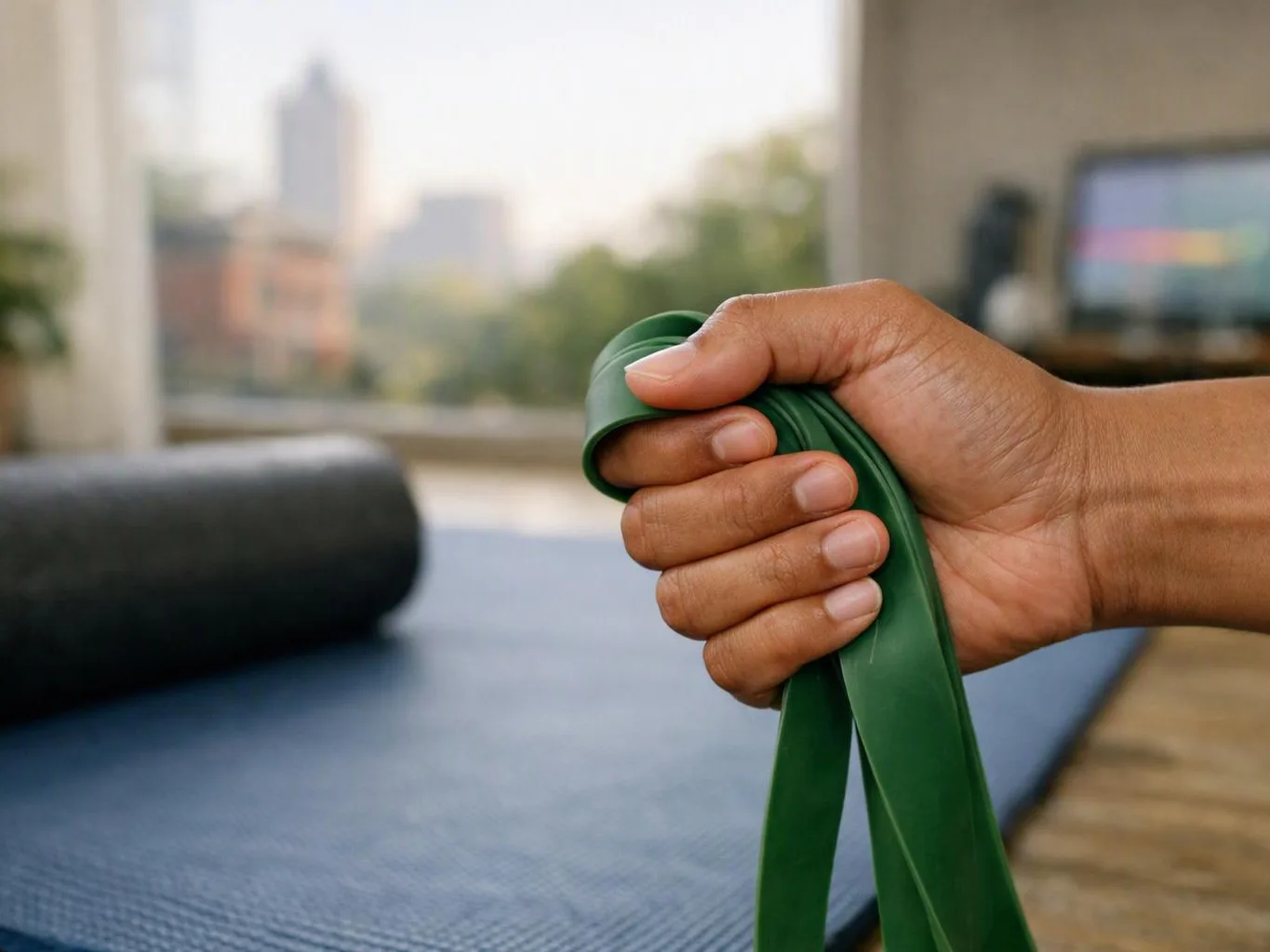 A hand grips a green resistance band beside a yoga mat in a bright room