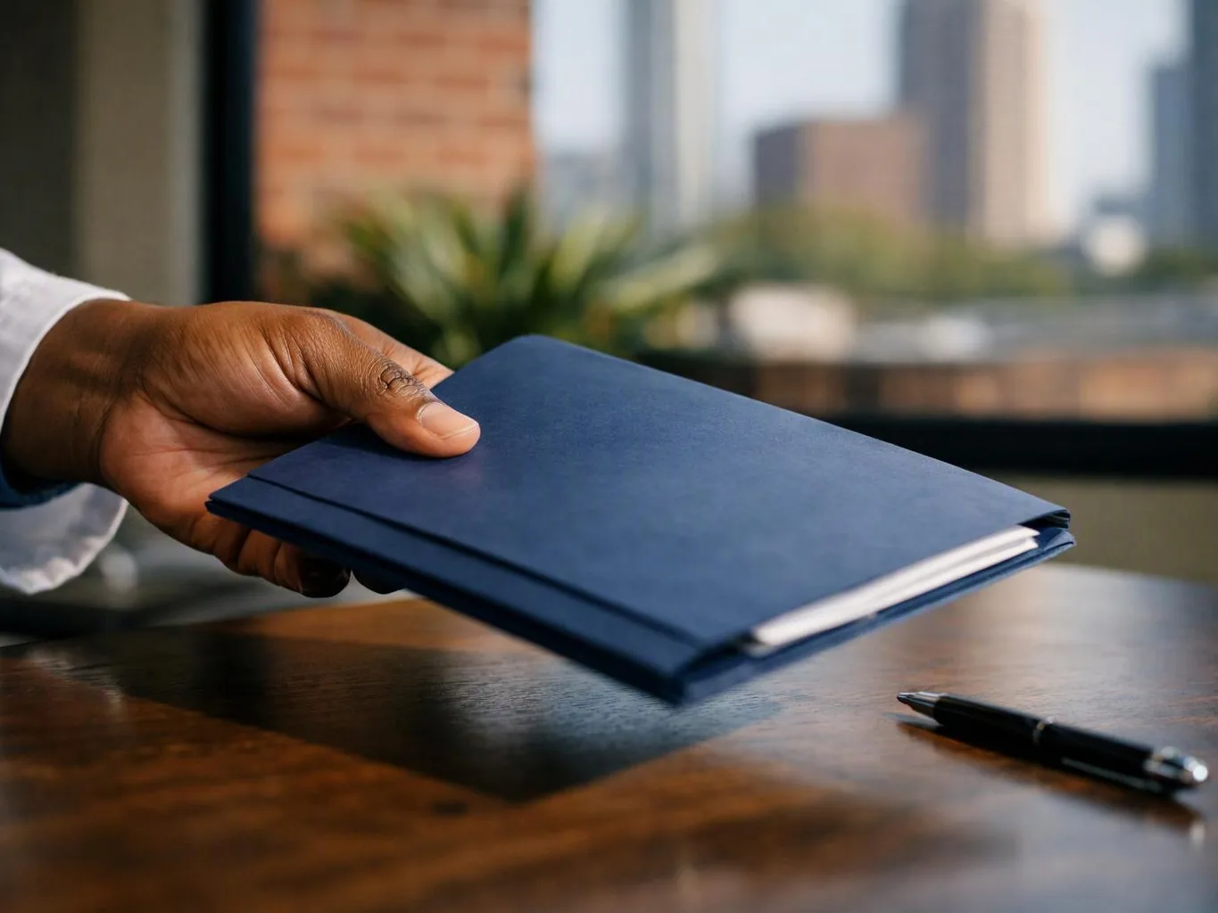 A hand holds a blue folder over a wooden table, with a pen and blurred city buildings behind it