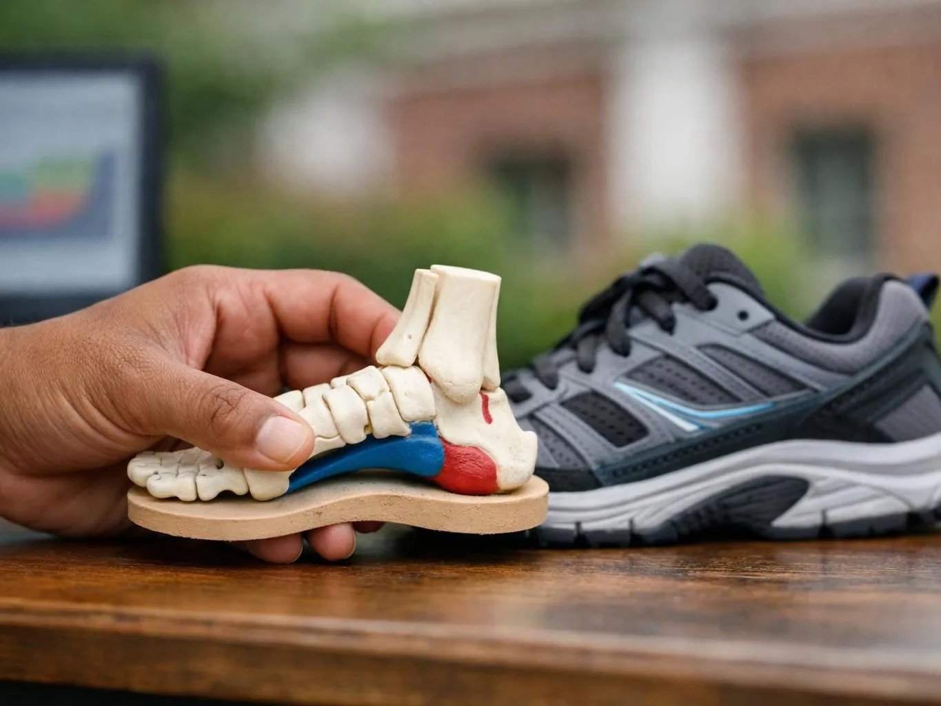 A hand holds a foot bone model beside a gray running shoe on a wooden table