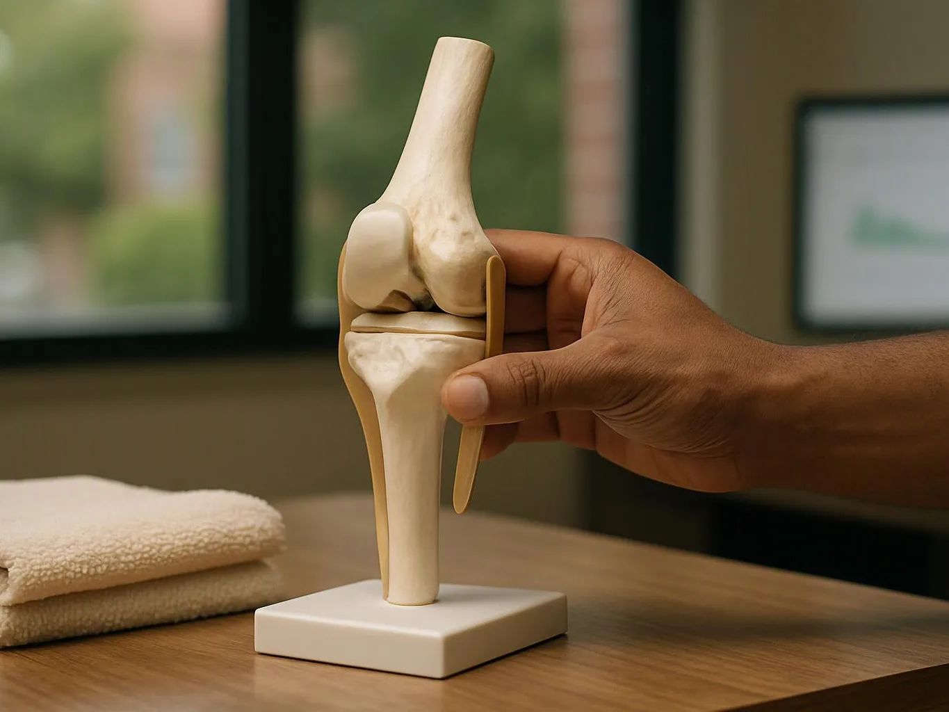 A hand holds a knee joint model on a table beside folded towels