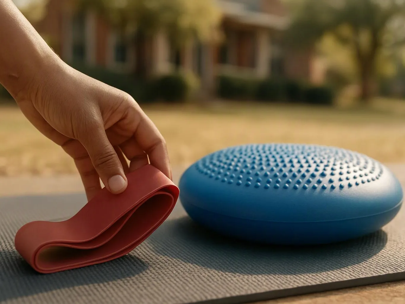 A hand holds a rolled red exercise band beside a blue textured balance dome on a mat outdoors