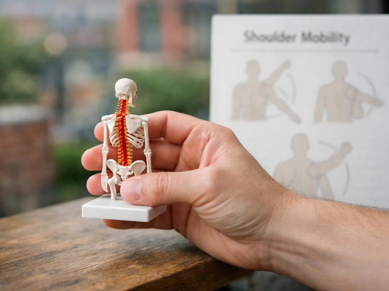A hand holds a small skeleton figurine beside a blurry shoulder mobility chart on a table