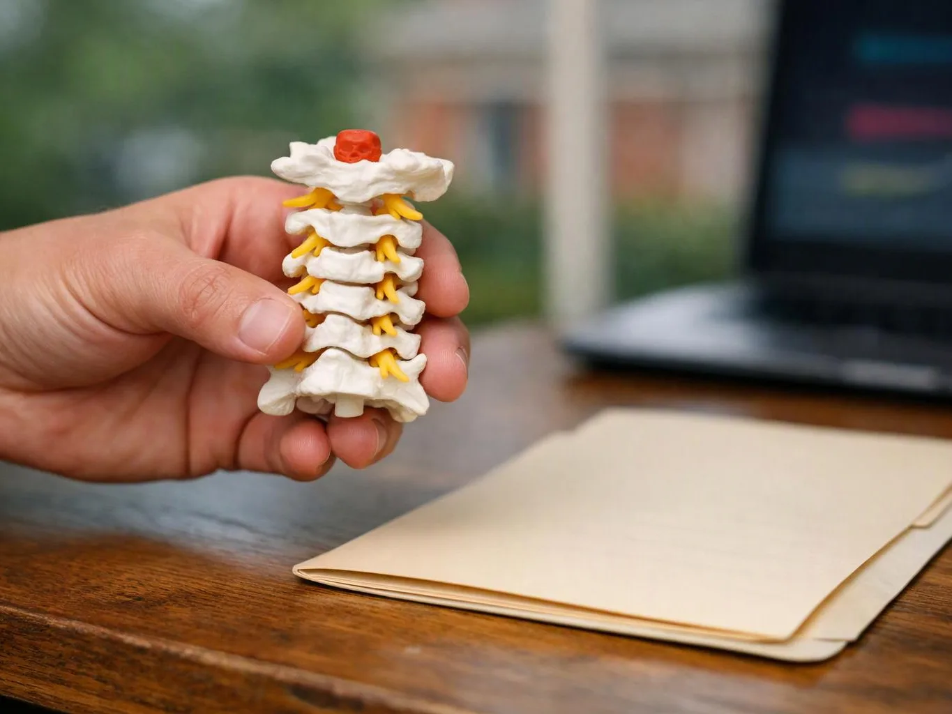 A hand holds a small spine model above a wooden table beside a laptop and folder