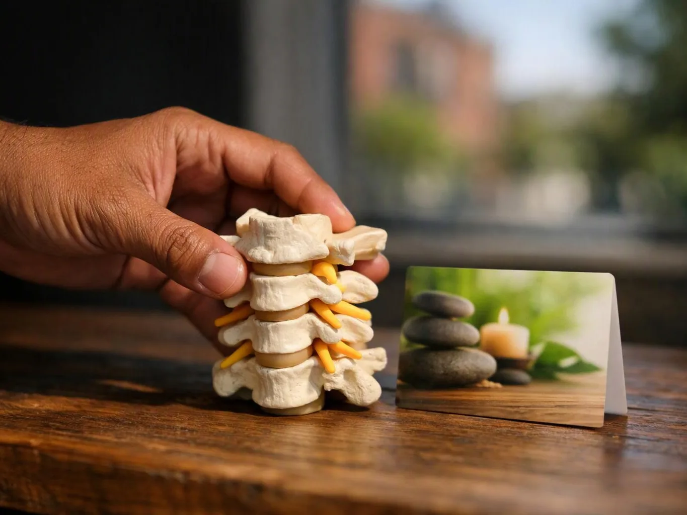 A hand holds a small spine model beside a card showing stacked stones and a candle on a wooden table