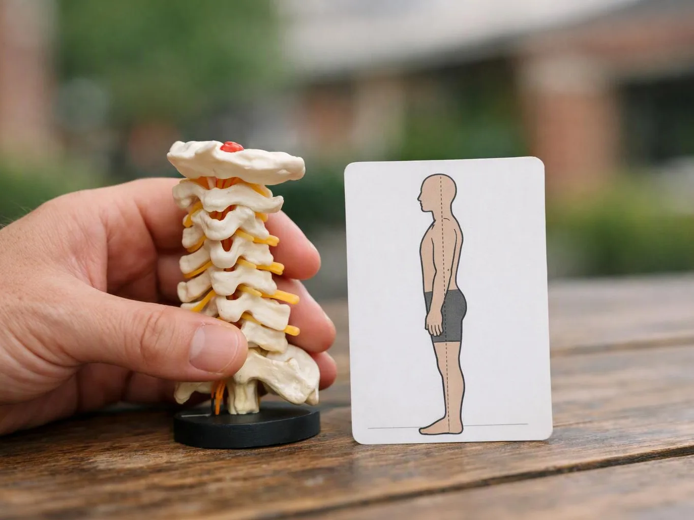 A hand holds a small spine model beside a standing body posture card on a wooden table