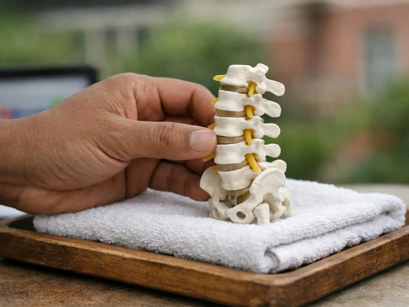 A hand holds a small spine model on a folded white towel on a wooden tray