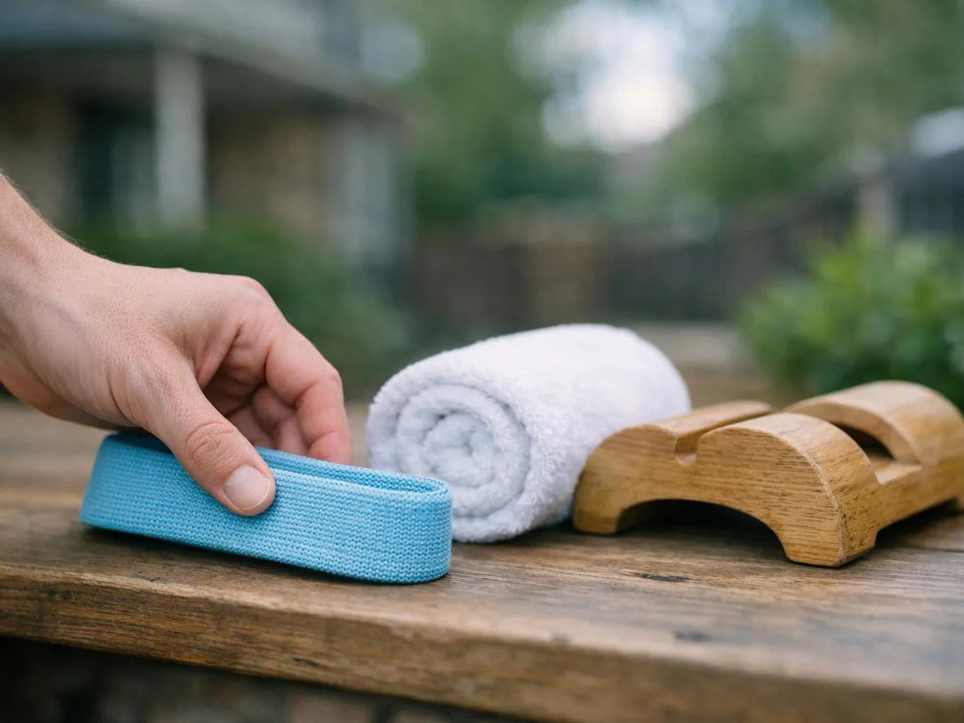 A hand places a blue cloth strap beside a rolled white towel and wooden supports on a table
