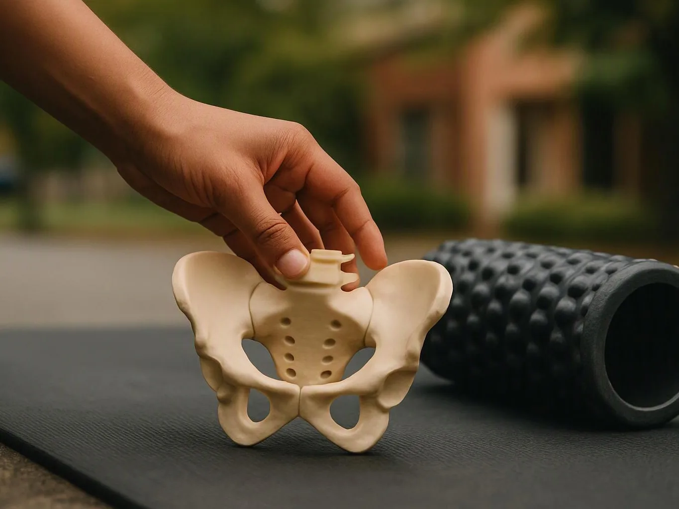 A hand places a small pelvis model beside a textured foam roller on a yoga mat outdoors