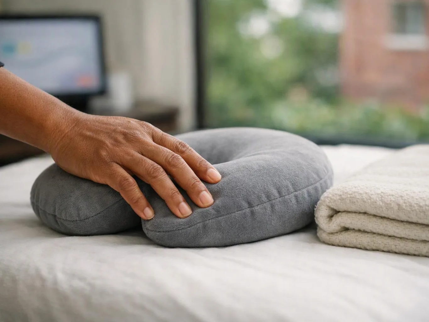 A hand rests on a gray U-shaped neck pillow beside folded towels on a bed