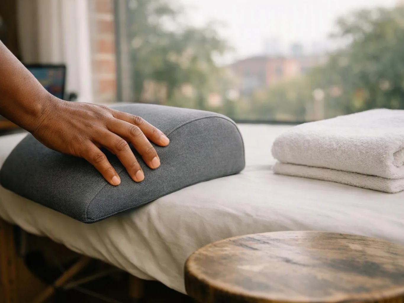 A hand touches a gray cushion on a bed beside folded white towels and a window view