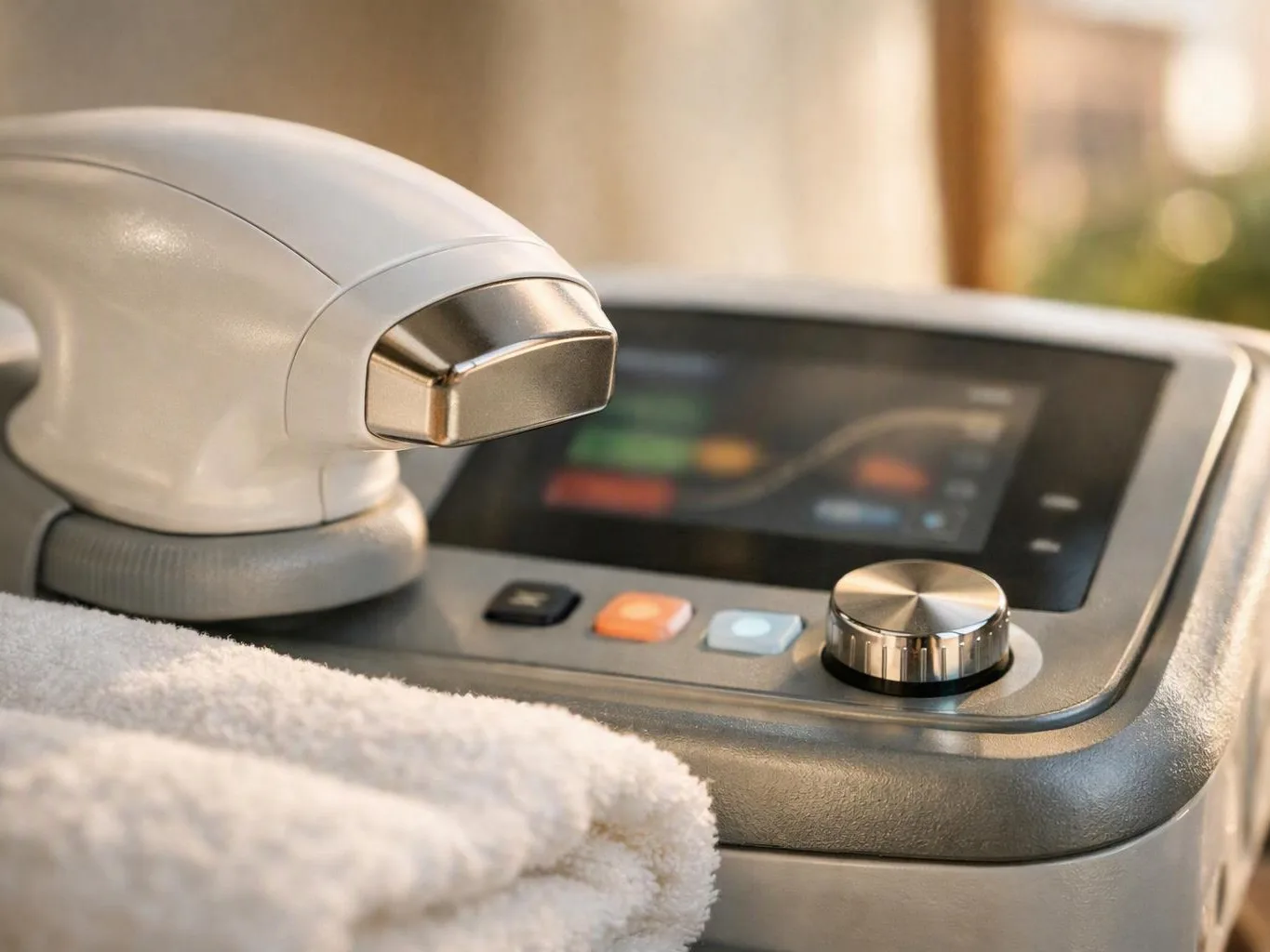 A handheld beauty device rests beside a folded white towel and a blurred control screen on a table