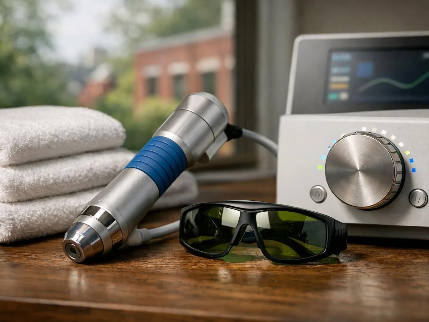 A handheld treatment device, dark protective glasses, folded towels, and a control unit sit on a wooden table by a window