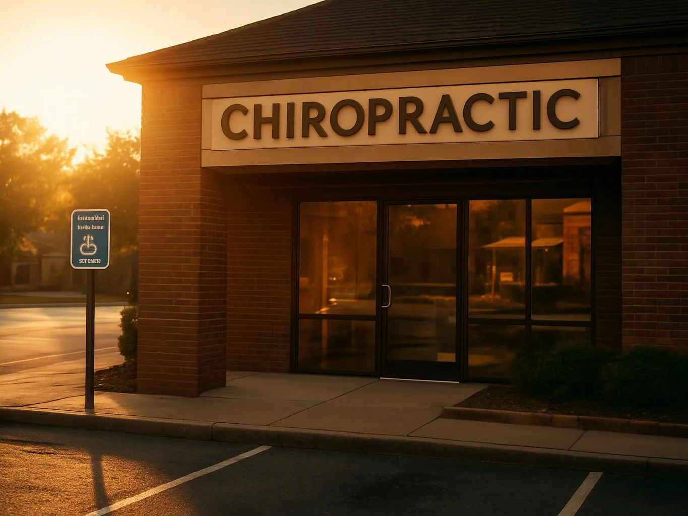 A brick storefront with a large CHIROPRACTIC sign sits in warm sunset light beside empty parking spaces