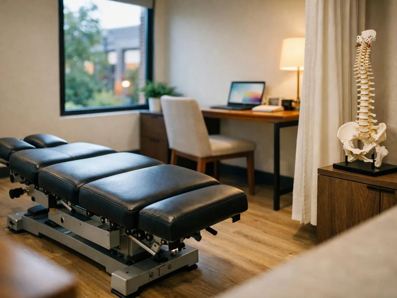 A black padded treatment table sits in a calm therapy room beside a desk, lamp, and spine model
