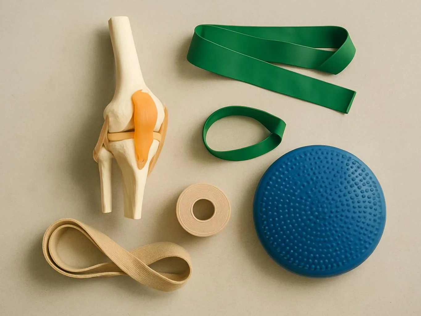 A knee joint model sits beside resistance bands, tape, and a blue balance cushion on a plain surface