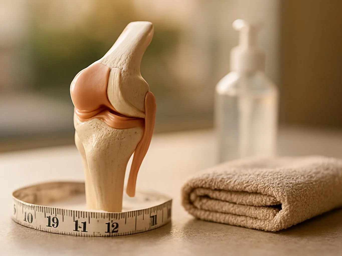 A knee joint model sits beside a tape measure, folded towel, and pump bottle on a bright table