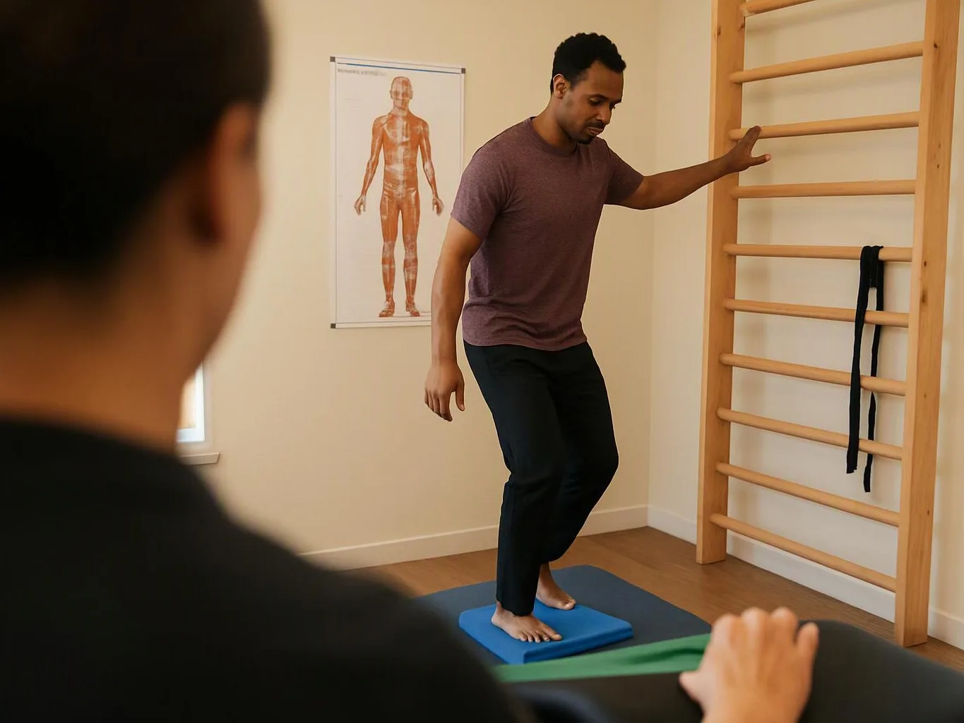 A man balances on a blue foam pad in a therapy room while another person watches from the foreground