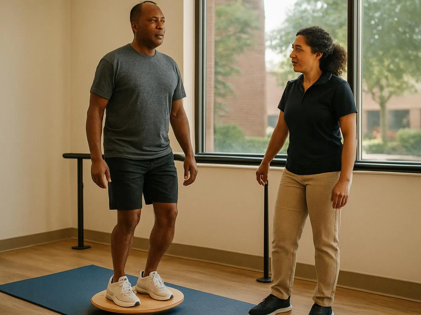 A man balances on a round board while a woman stands beside him in a bright exercise room