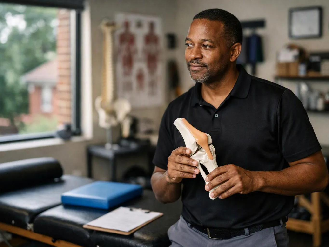 A man in a black polo holds a knee joint model inside a treatment room