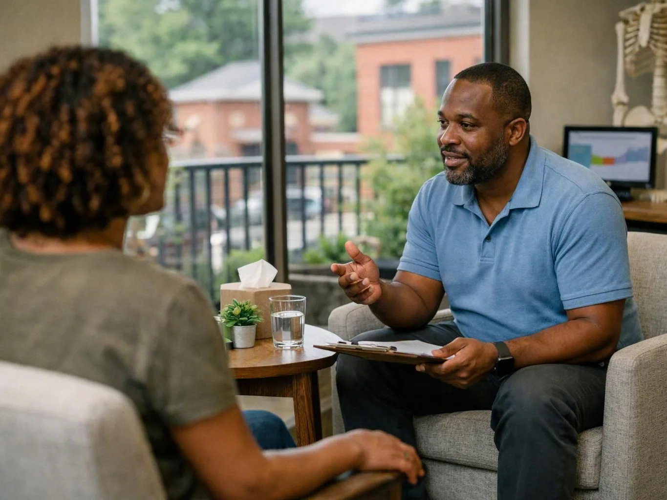 A man in a blue polo speaks with a seated person in a bright counseling room