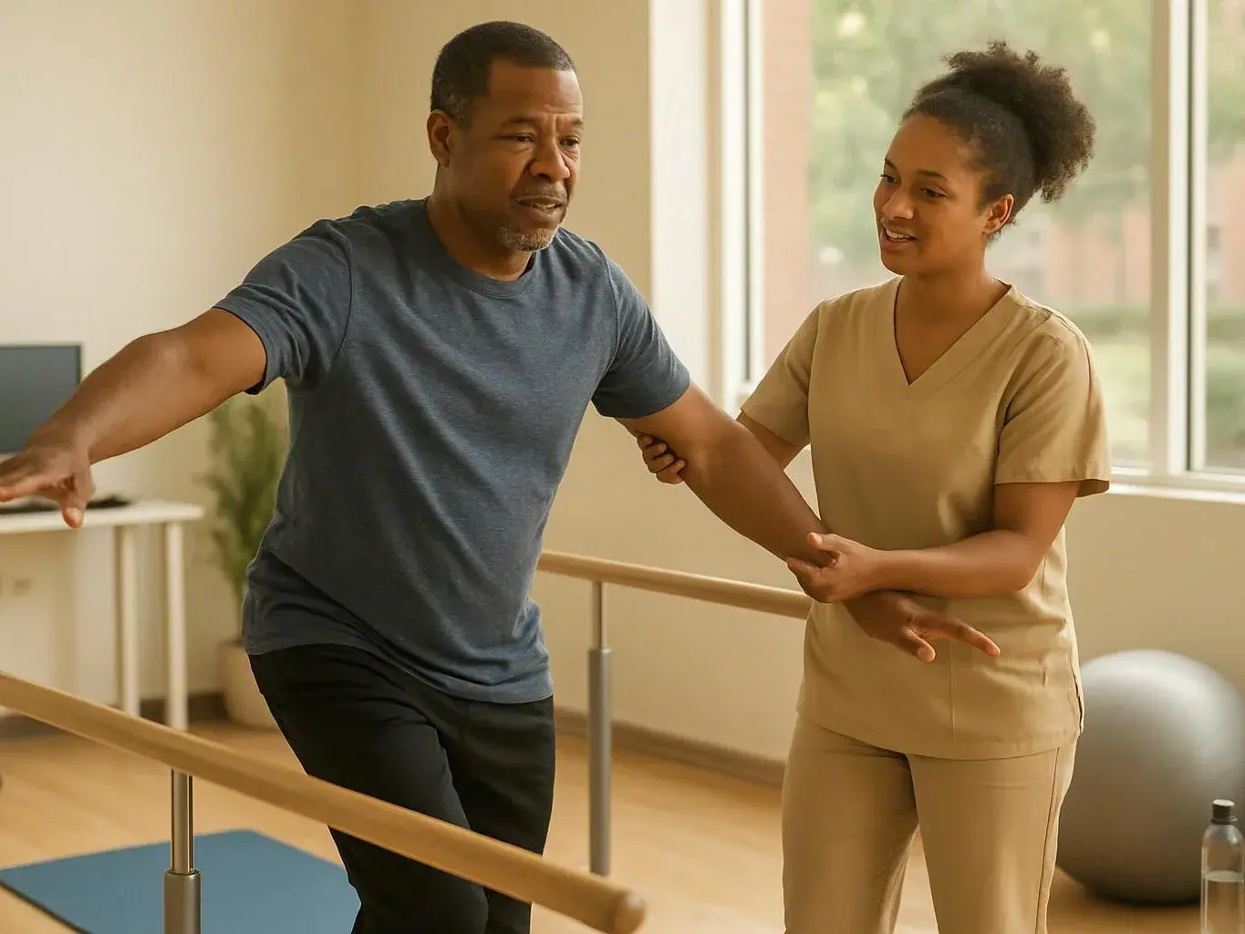 A man in a blue shirt practices balance with a therapist in beige scrubs beside parallel bars in a bright rehab room