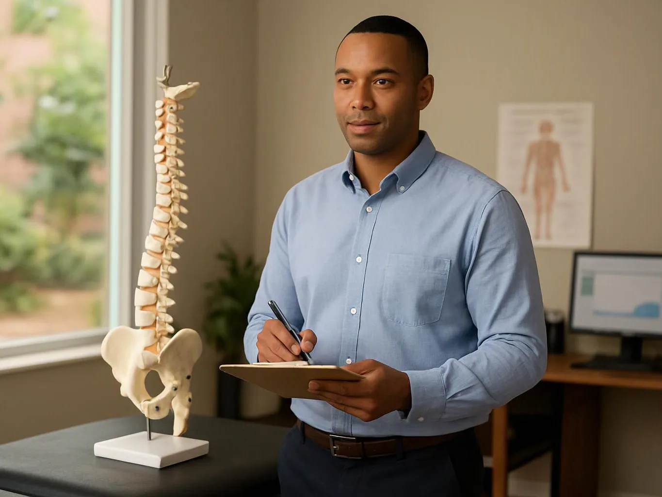 A man in a blue shirt writes on a clipboard beside a spine model in a medical office