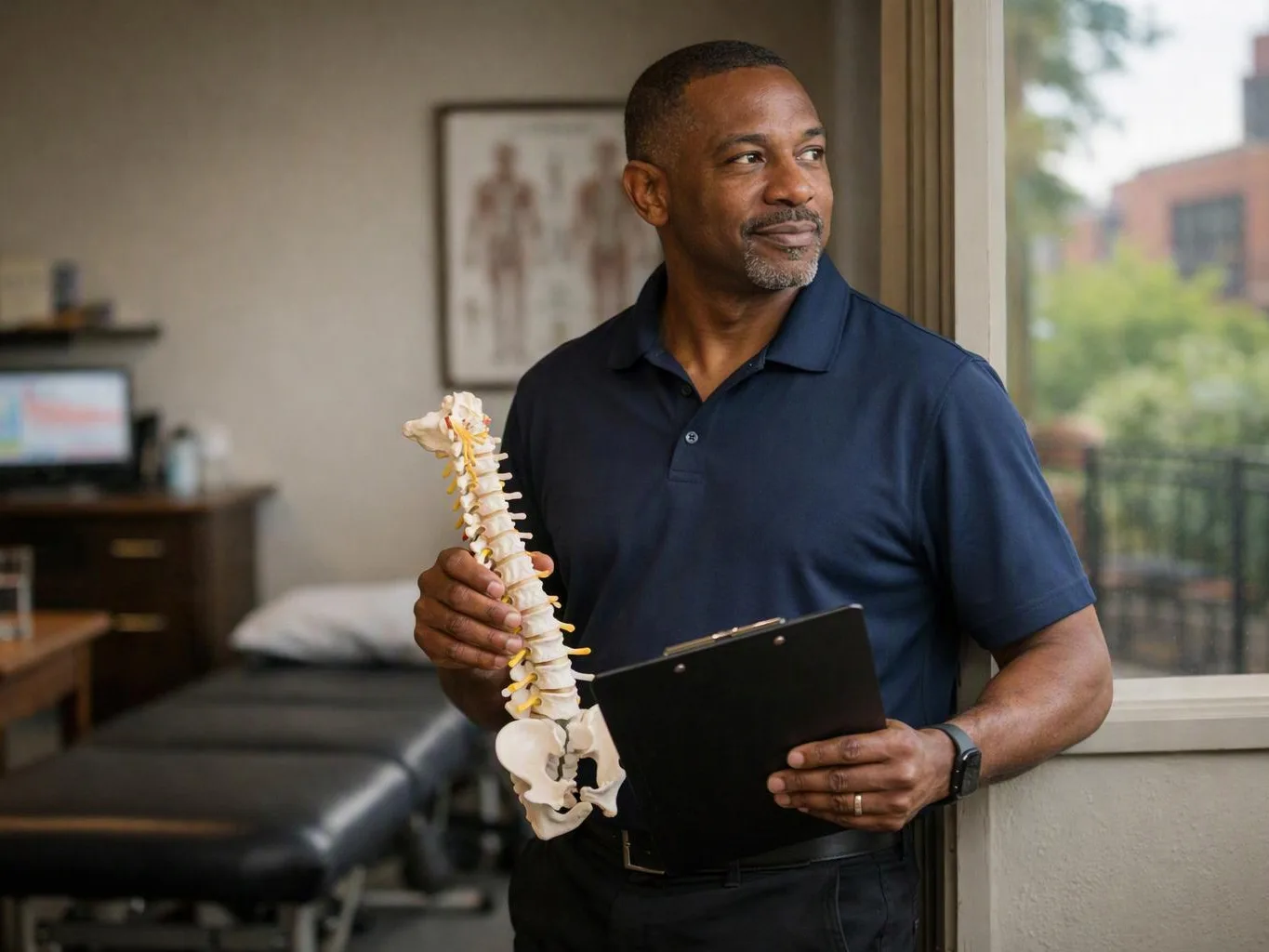 A man in a navy polo holds a spine model and clipboard in a treatment room by a window