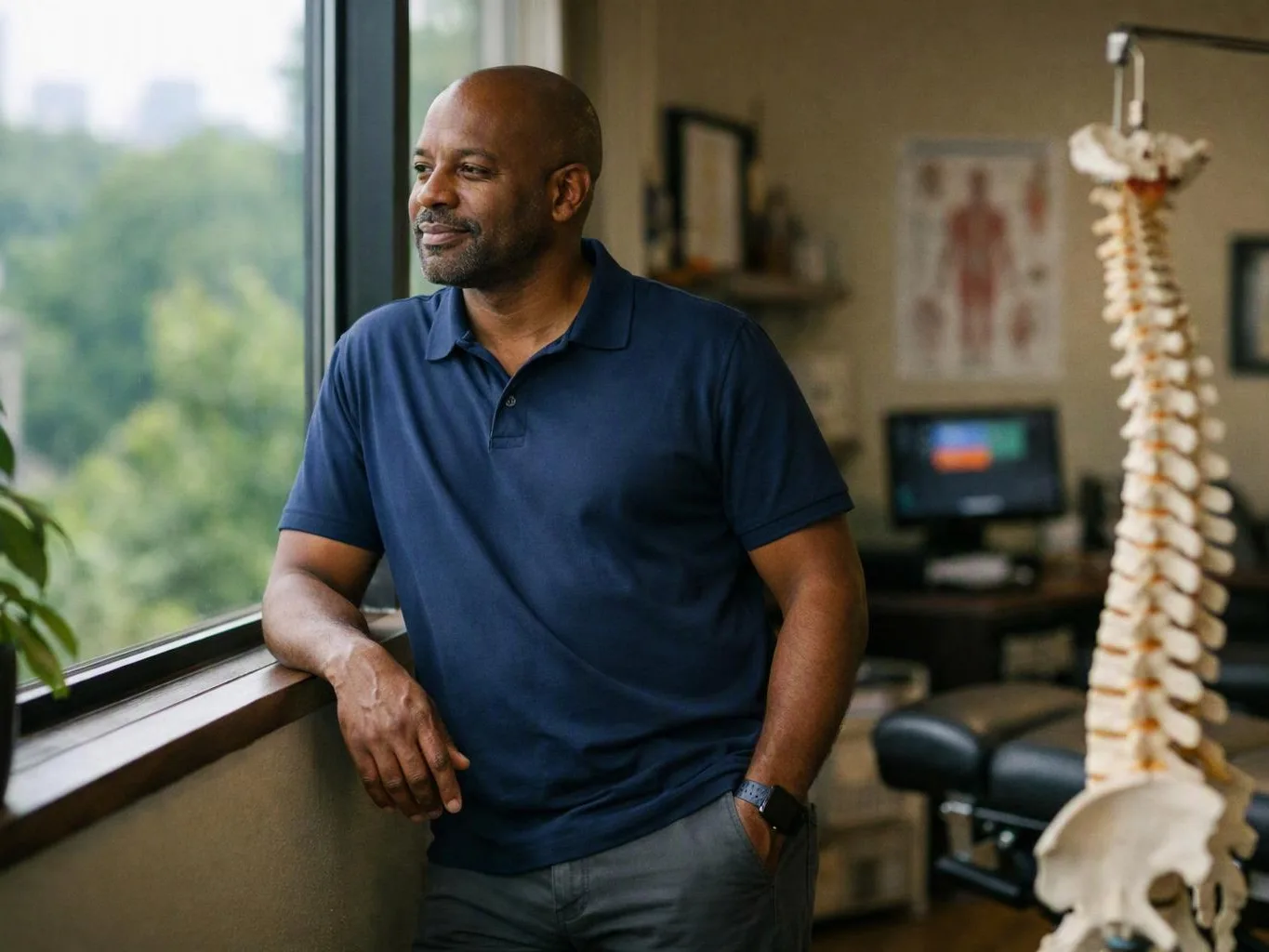 A man in a navy polo leans by a clinic window, with a spine model and exam room behind him
