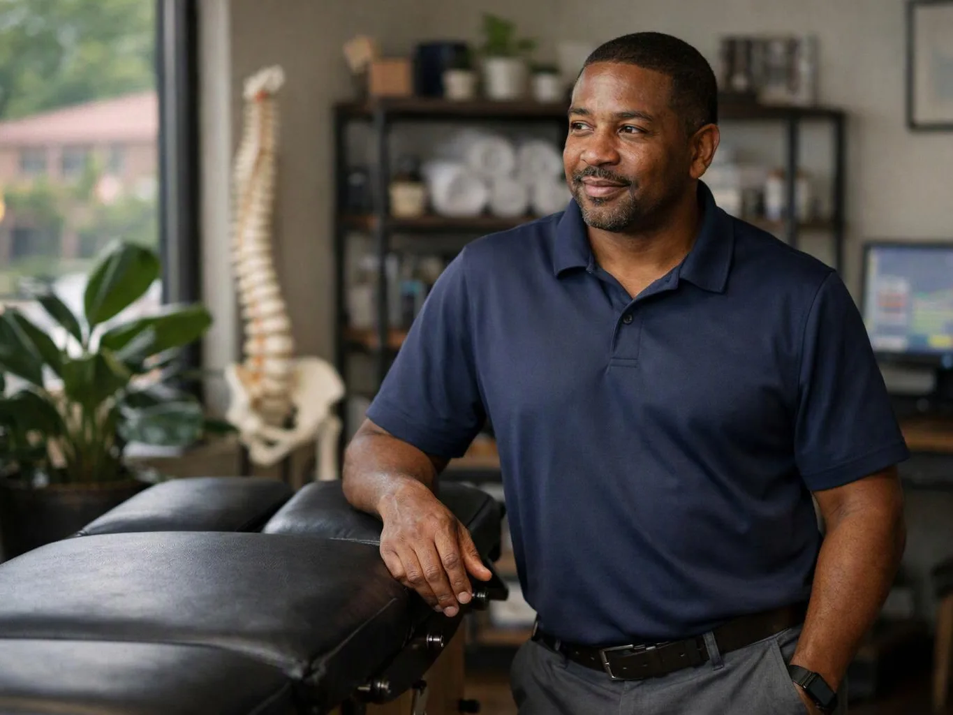 A man in a navy polo stands beside a black exam table in a clinic room