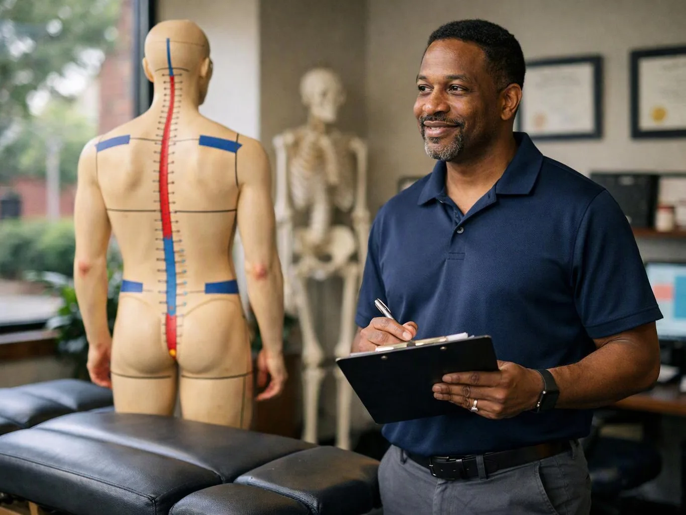 A man in a navy polo writes on a clipboard beside a spine model and exam table in a clinic