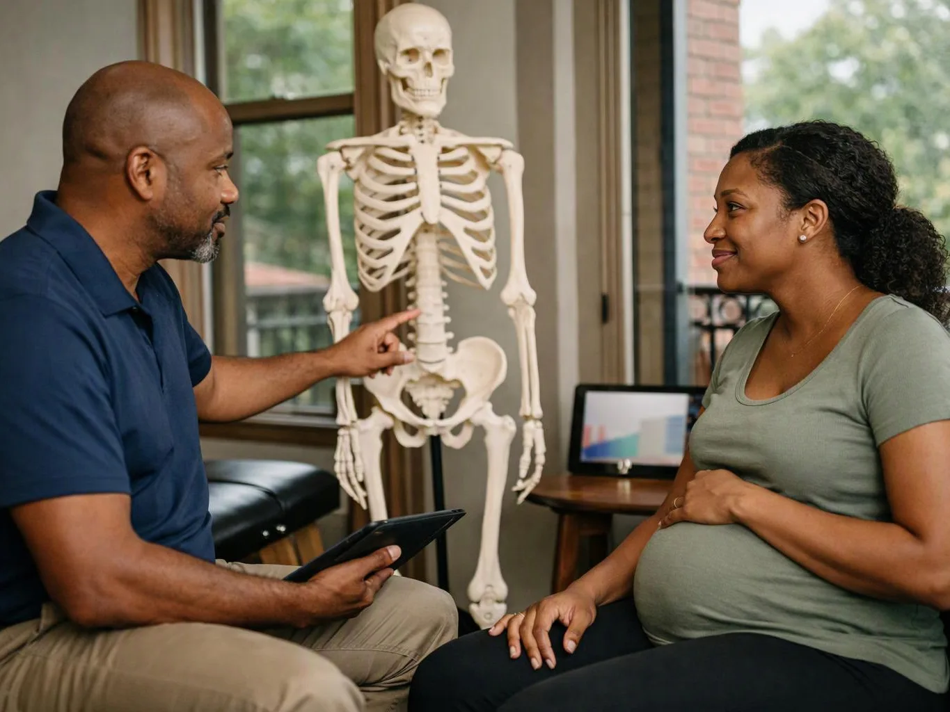 A man points at a skeleton model while talking with a pregnant woman in a bright room