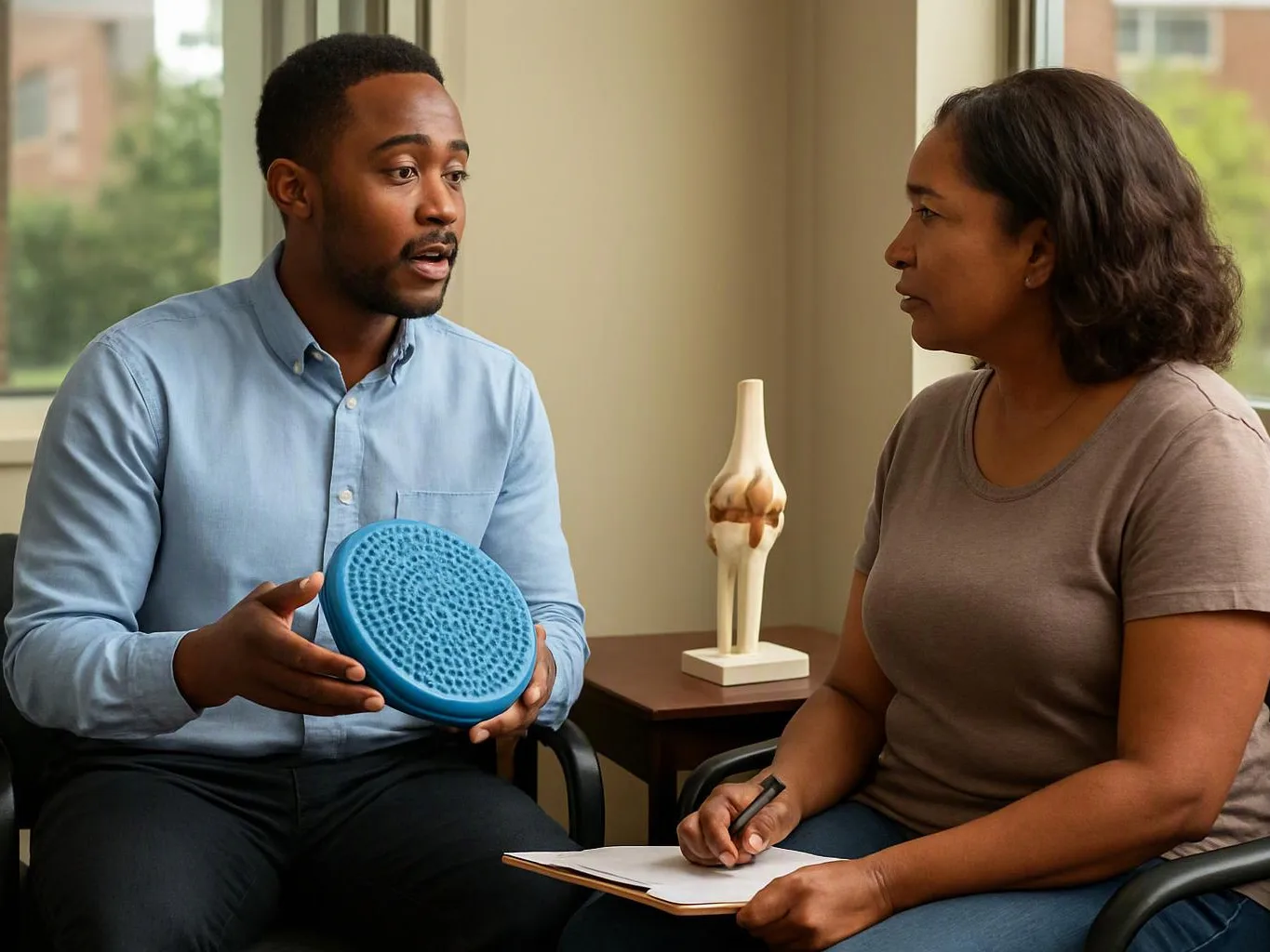 A man shows a blue textured disk to a woman taking notes in a bright office room
