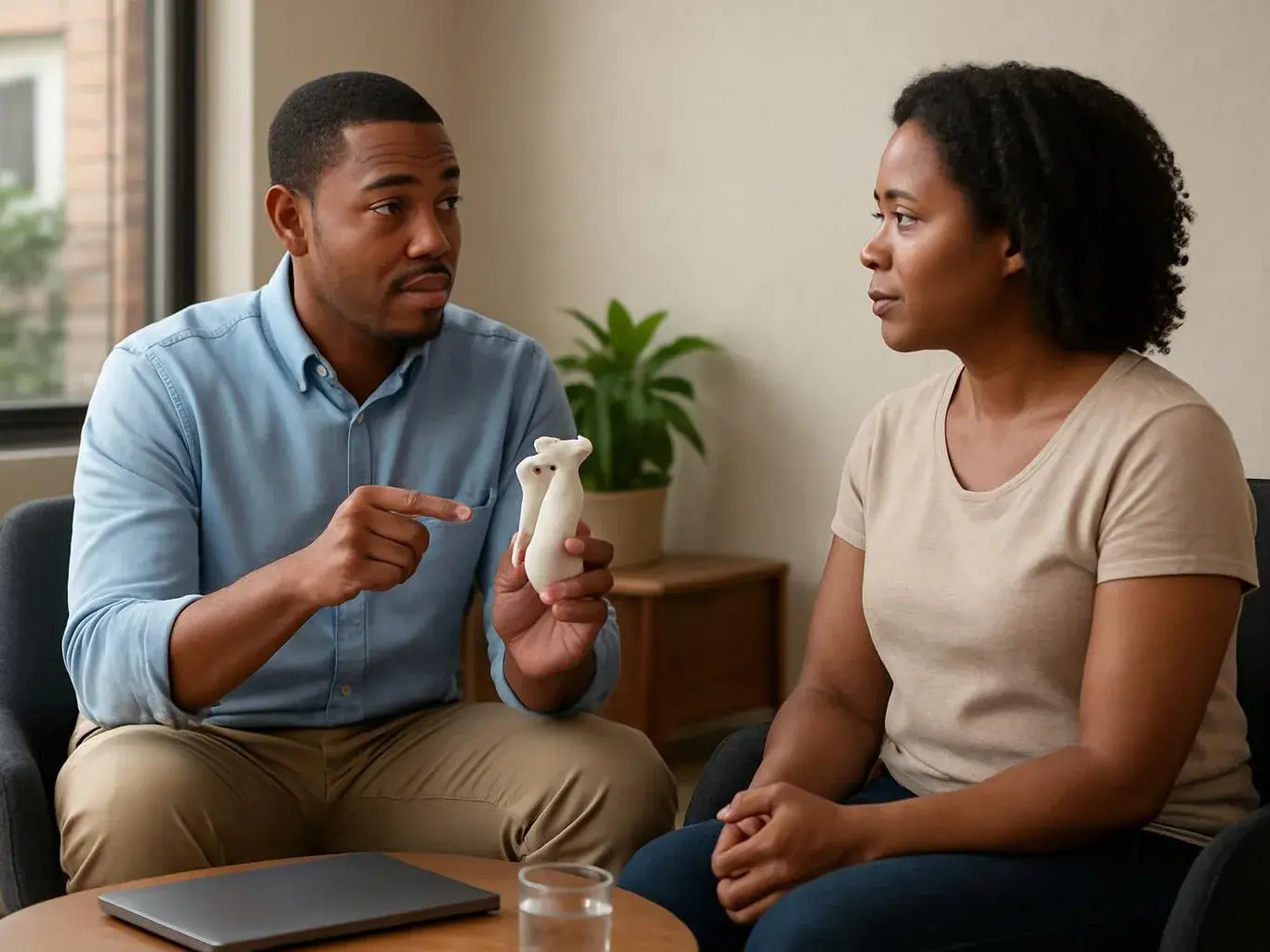 A man shows a small white figurine to a woman while they sit in a living room