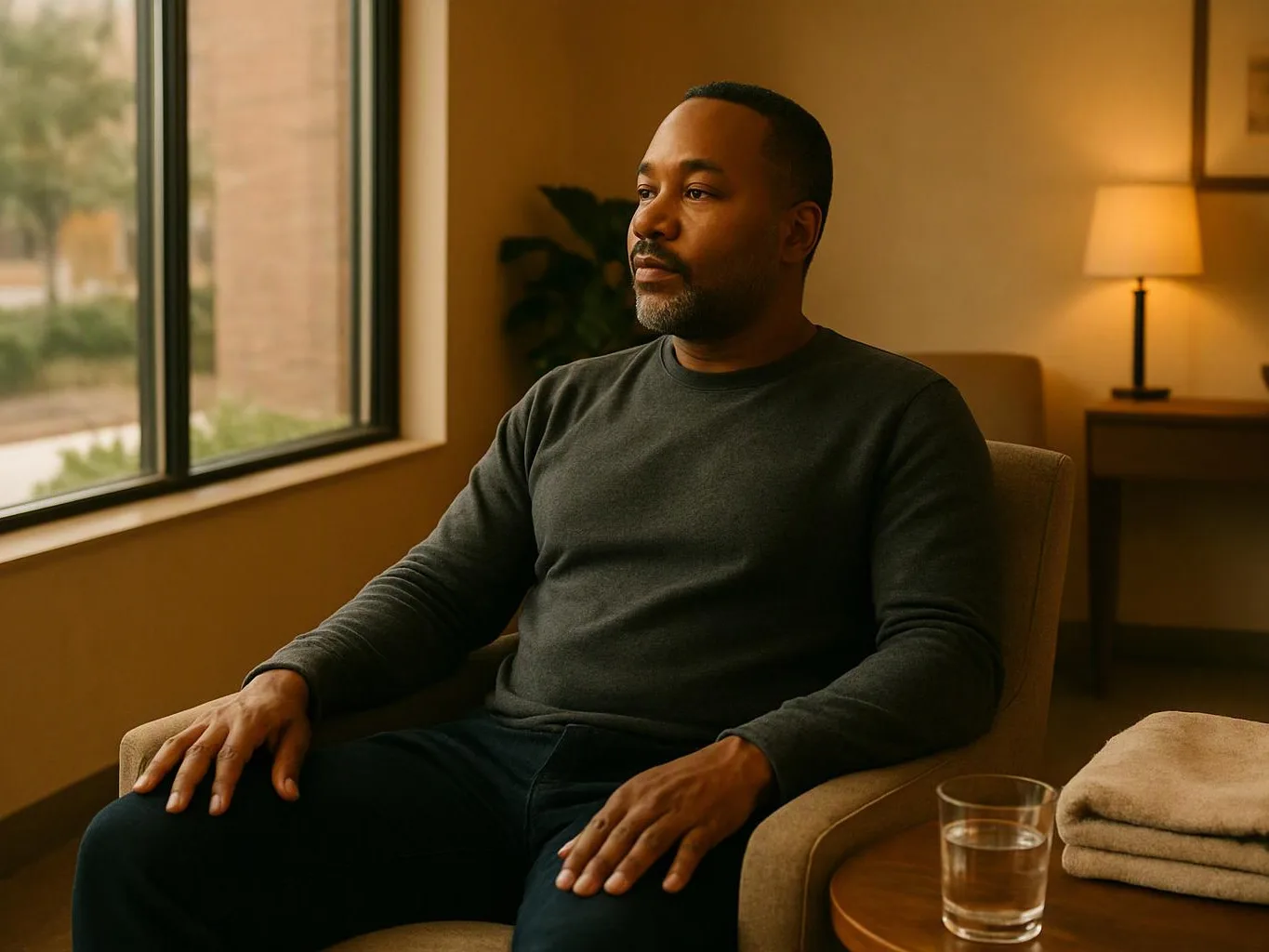 A man sits in an armchair by a window, with a lamp, folded towels, and a glass of water nearby