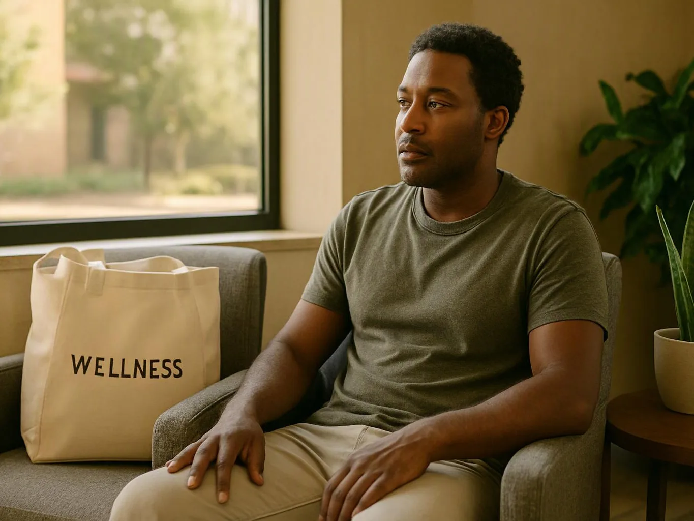 A man sits in a chair beside a tote bag labeled “WELLNESS” in a bright room