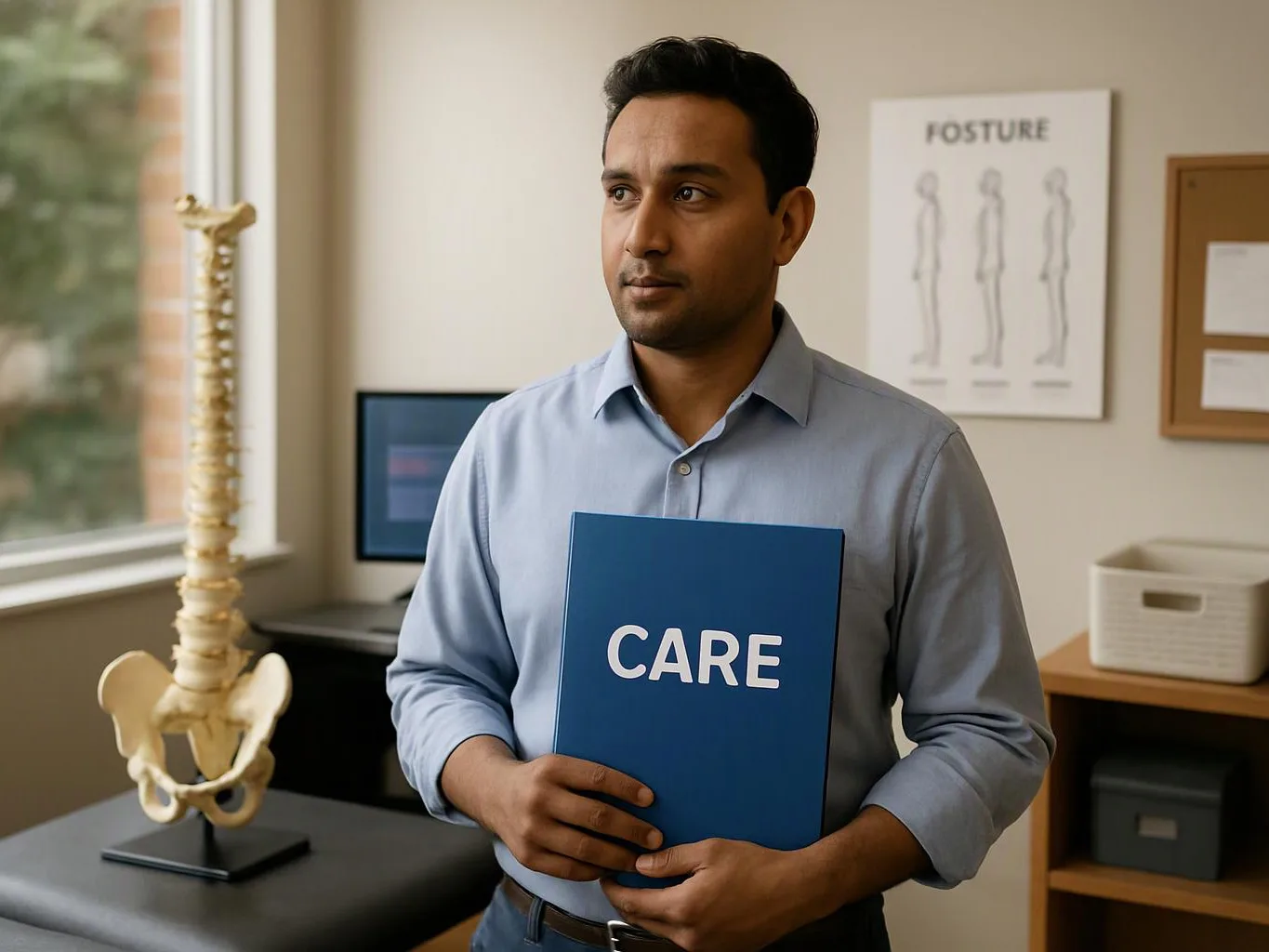 A man stands in a clinic office holding a blue folder labeled CARE beside a spine model