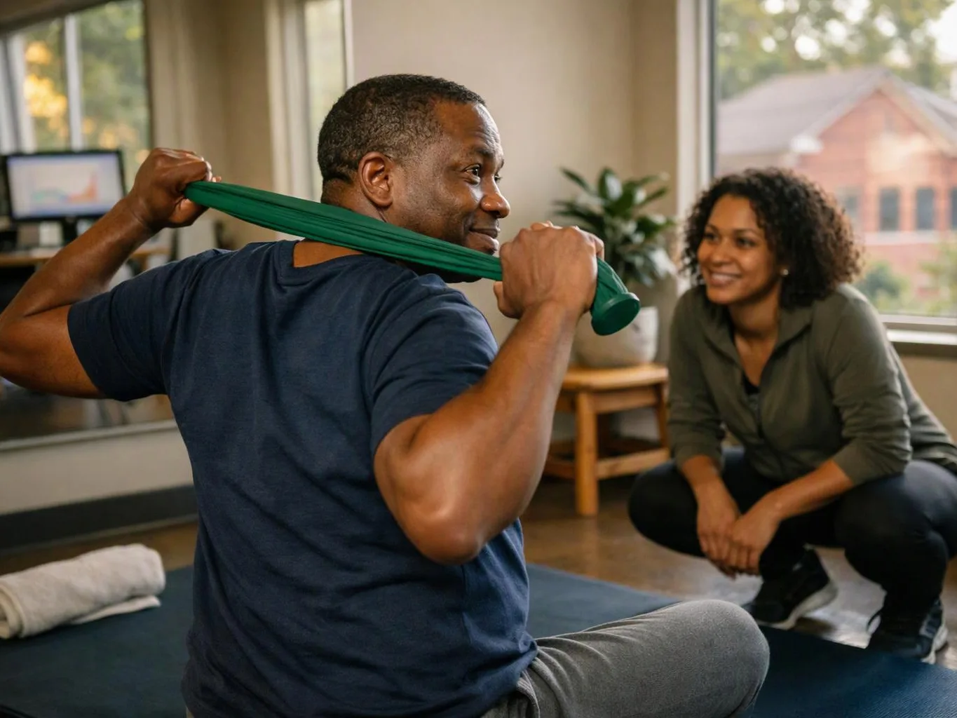 A man stretches a green band across his shoulders while a woman watches in a bright exercise room